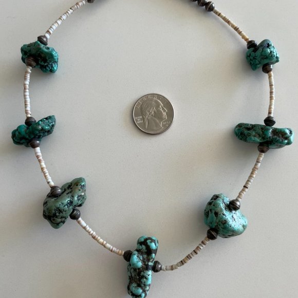 Large Turquoise Chunk, Heishi, and sterling Navajo Necklace - Picture 3 of 3